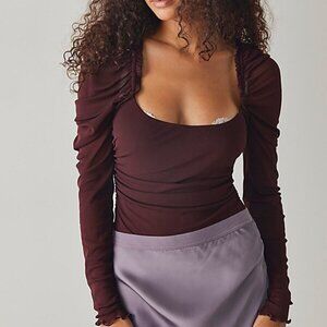 Free People Next to You Burgundy Ruched Long Sleeve Bodysuit